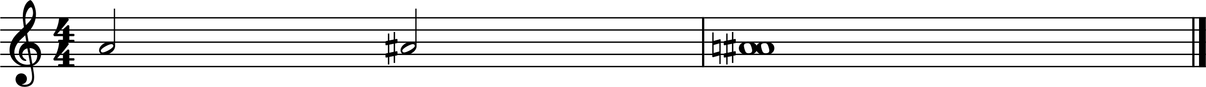 Sheet music in treble clef and 4/4 time: first measure shows half-note A4 followed by half-note A#4; second measure shows whole note A4 together with A#4.