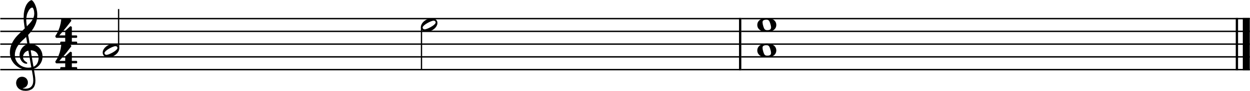 Sheet music in treble clef and 4/4 time: first measure shows half-note A4 followed by half-note E5; second measure shows whole note A4 together with E5.