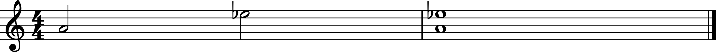 Sheet music in treble clef and 4/4 time: first measure shows half-note A4 followed by half-note Eb5; second measure shows whole note A4 together with Eb5.