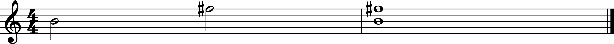 Sheet music in treble clef and 4/4 time: first measure shows half-note B4 followed by half-note F#5; second measure shows whole note B4 together with F#5.